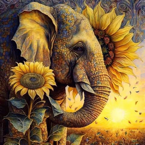 Elephant And Sunflowers