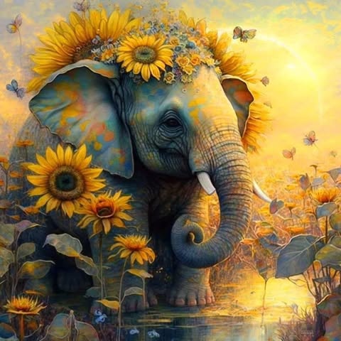 Elephant And Sunflowers