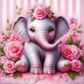 Elephant And Pink Roses