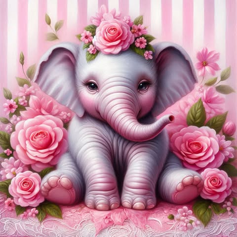 Elephant And Pink Roses