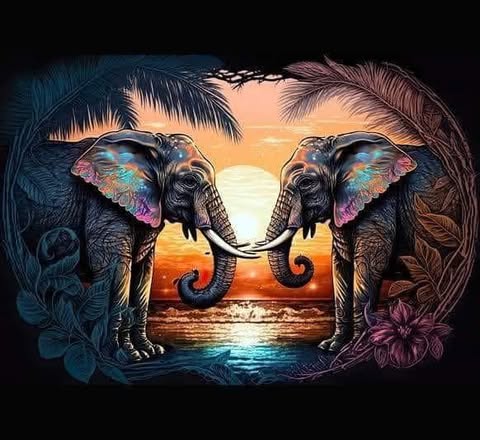 Elephants And Sunset