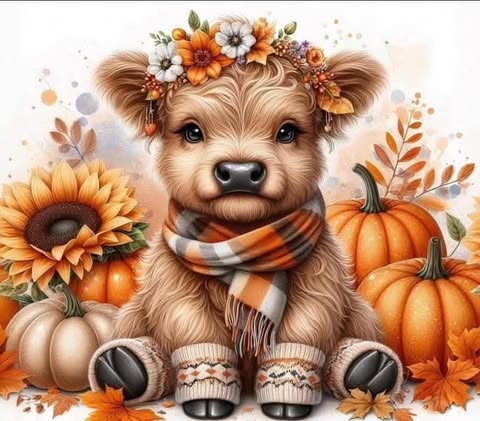 Brown Cow With Pumpkins
