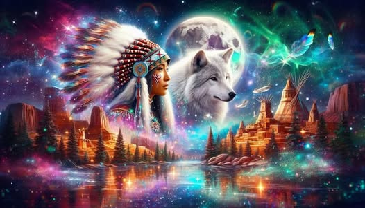 Native American And Wolf