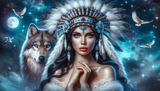 Native American And Wolf