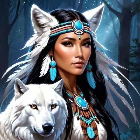 Native American And Wolf