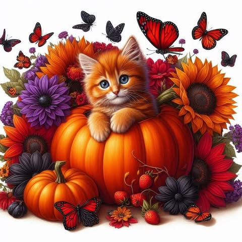 Kitten And Pumpkins