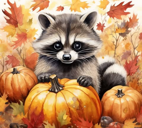 Raccoon And Pumpkins